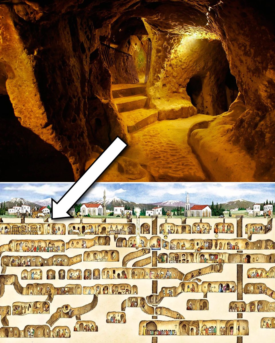En 1963, un hombre vio cómo sus gallinas desaparecían por un agujero en su sótano.

Derribó la pared, revelando lo que cuesta creer: una ciudad de 20.000 habitantes, en las profundidades del subsuelo.

Fue construida por cristianos hace más de 1.000 años... (hilo) 🧵