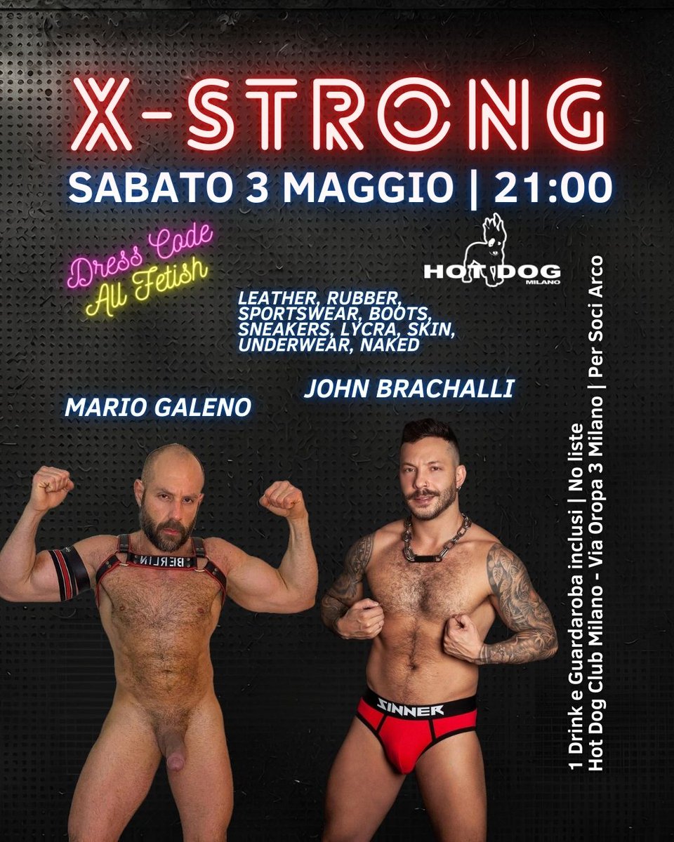 HOT DOG CLUB MILANO (@hotdogclubmilan) on Twitter photo SABATO 3 MAGGIO X-STRONG LIVE SHOW
WITH <a href="/MarioGalenoXXX/">Mario Galeno X</a> <a href="/JOHNBrachalliXX/">JOHN BRACHALLI</a>
hotdogclubmilano.it/evento/x-stronā¦
#HotDogClubMilano #Gaymilano #Gaybar #Gaylife #Gays #GayMen #GayDaddy #GayTwink #MilanoGayNightlife #MenOnlyClub #GayNightOut #MilanoLGBTQ #GayBarMilano #GayMenMilano SABATO 3 MAGGIO X-STRONG LIVE SHOW
WITH <a href="/MarioGalenoXXX/">Mario Galeno X</a> <a href="/JOHNBrachalliXX/">JOHN BRACHALLI</a>
hotdogclubmilano.it/evento/x-stronā¦
#HotDogClubMilano #Gaymilano #Gaybar #Gaylife #Gays #GayMen #GayDaddy #GayTwink #MilanoGayNightlife #MenOnlyClub #GayNightOut #MilanoLGBTQ #GayBarMilano #GayMenMilano
