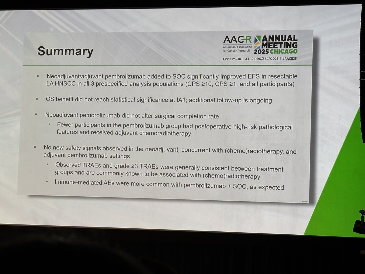 Nadeem Riaz (@xrtgenomics) on Twitter photo 🚨Finally! <a href="/DrUppaluri/">Ravi Uppaluri, MDPhD</a> presents data from Keynote0689 -- anti-PD1 makes it in locally advanced HNSCC -- approximate 10% EFS benefit from Pembro in surgically managed HNSCC. #aacr25 #hncsm 🚨Finally! <a href="/DrUppaluri/">Ravi Uppaluri, MDPhD</a> presents data from Keynote0689 -- anti-PD1 makes it in locally advanced HNSCC -- approximate 10% EFS benefit from Pembro in surgically managed HNSCC. #aacr25 #hncsm