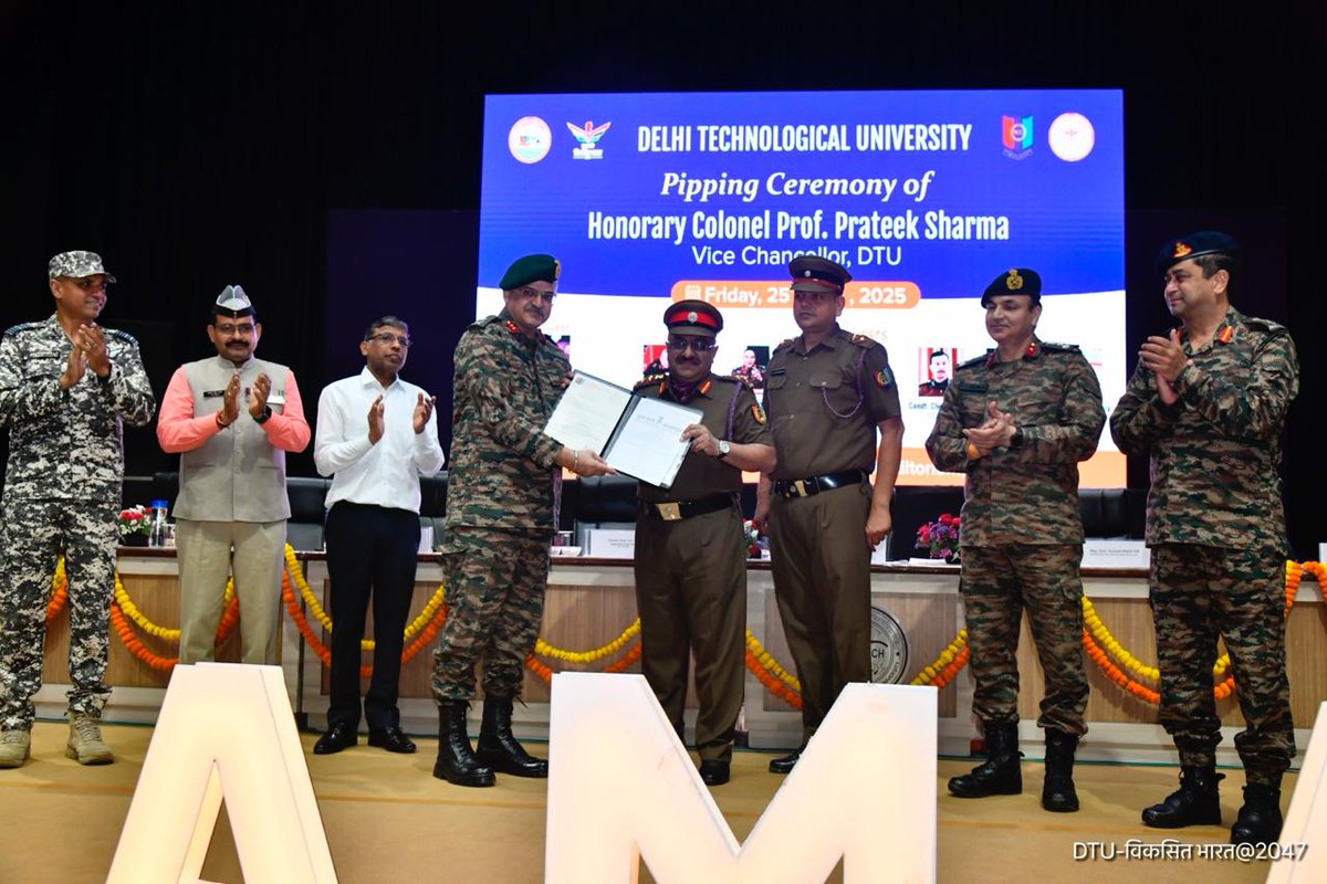 NCC_Dte_Delhi's tweet photo. Prof Prakeek Sharma, the Vice Chancellor 
 Delhi Technological University was conferred upon the Rank of Honourary Colonel NCC by Maj Gen Suneet Malik, SM, Additional Director General NCC Delhi during a ceremony held at the University premises on 25 April 2025. https://t.co/rxvUePtzm4