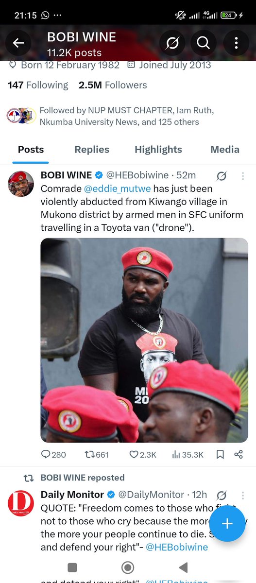MamboEagle's tweet photo. @HEBobiwine free @eddi_mutwe
#freepoliticalprisoners
#Ugandaisbleeding https://t.co/6bqq6ubTL9