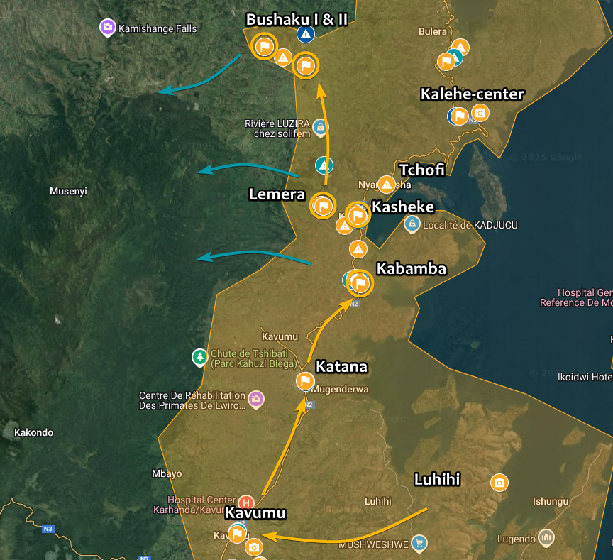 Intelynx's tweet photo. 🇨🇩 #DRC | #M23 rebels reportedly reoccupied the villages they withdrew from a week ago. Locals report multiple trucks arrived in #Kasheke and #Tchofi and dismounted #M23 rebels. No fighting was reported - #Wazalendo forces likely withdrew into the Kahuzi-Biega park. https://t.co/vZJMpxZ1d1