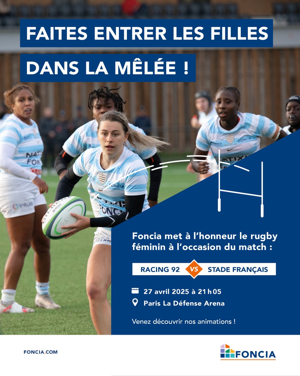 Retrouvez-nous ce soir pour le match <a href="/racing92/">Racing 92</a> x <a href="/SFParisRugby/">Stade Français Paris</a> au stade <a href="/ParisLaDefArena/">Paris La Défense Arena</a> ! 
@Foncia soutient et met à l'honneur les joueurs et joueuses ciel et blancs 🏉