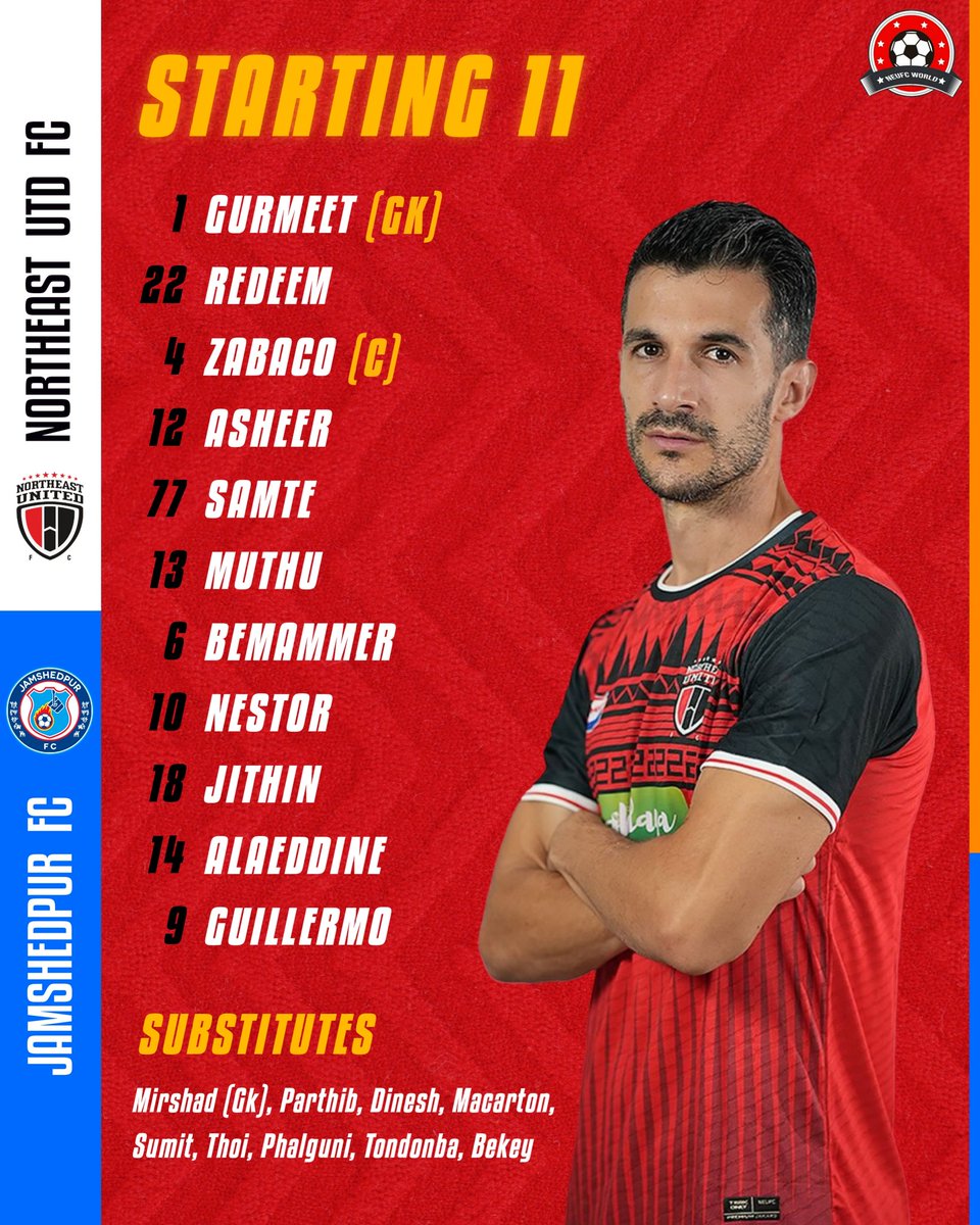 NeufcWorld's tweet photo. Here is our playing 11 vs Jamshedpur FC for the quarter final of Kalinga Super Cup!🔥

Let's Go Highlanders!💪🏼

#NortheastUnitedFC #NEUFC #Highlanders #StrongerAsOne #LineUp #JamshedpurFC https://t.co/biKI7a3LY1