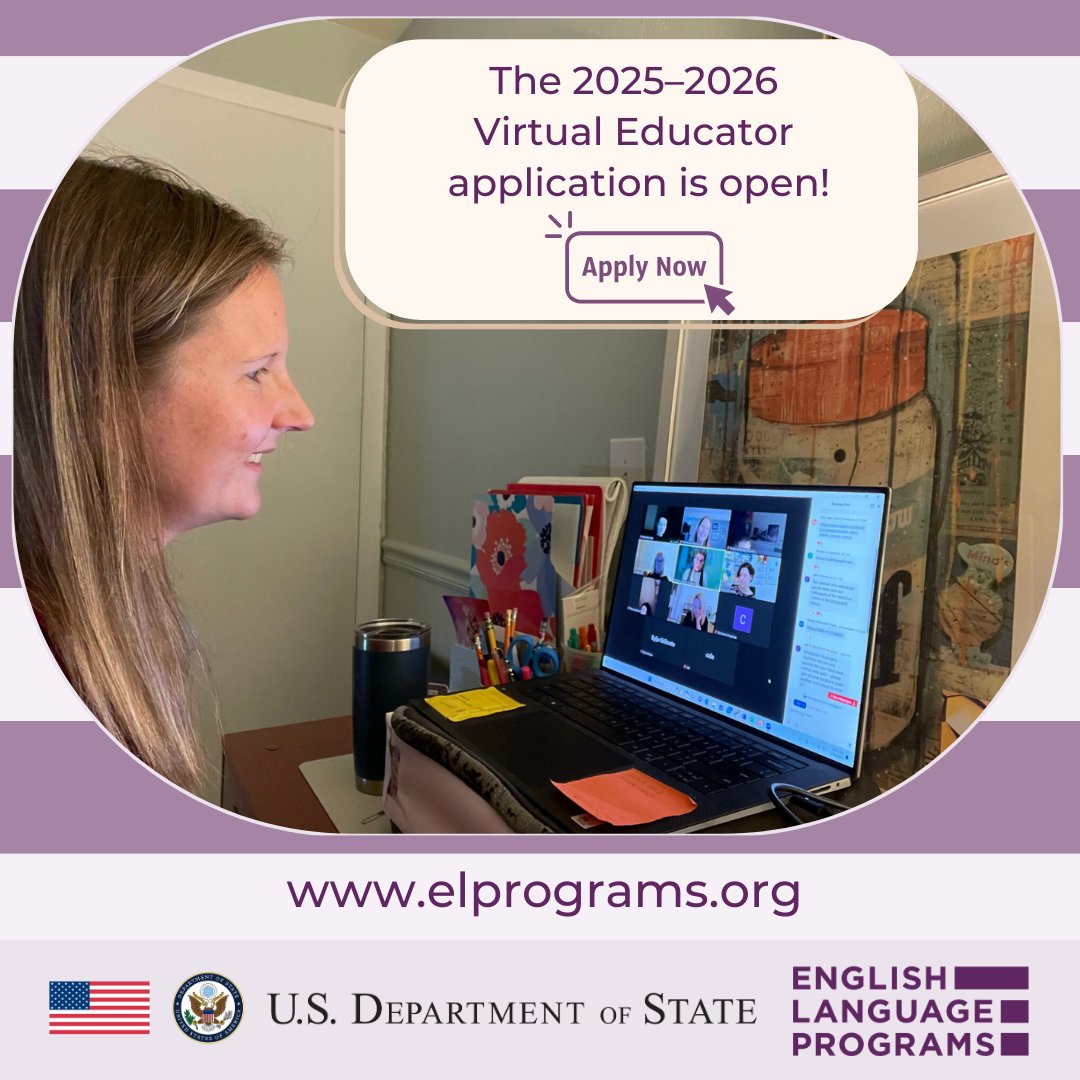 The 2025-2026 Virtual English Language Educator Application is open! Don't miss this opportunity — elprograms.org apply today! 
#ELVirtualEducator #ExchangeOurWorld