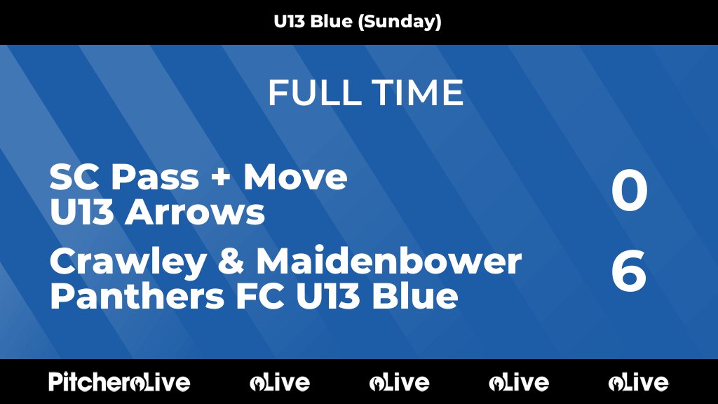 FULL TIME: SC Pass + Move U13 Arrows 0 - 6 Crawley &amp; Maidenbower Panthers FC U13 Blue

A fantastic result on the road for Under 13 Blue in their penultimate match of the season

#COYP
cmpanthersfc.com/teams/215917/m…