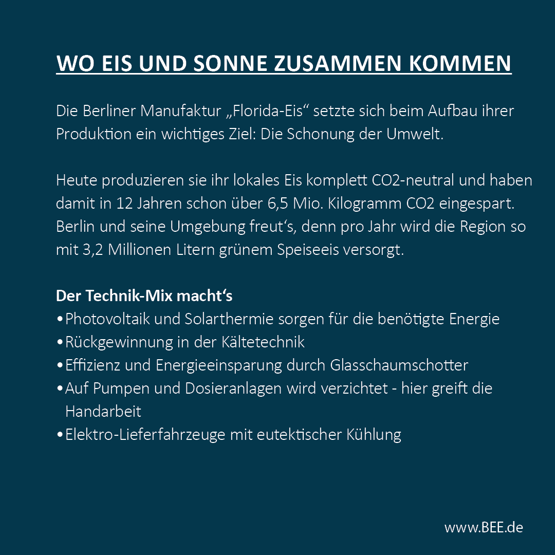 bEEmerkenswert's tweet image. 🌳 ⚡ Weiter geht&apos;s mit unseren Erfolgsgeschichten rund um den #TagderErneuerbaren! 

☀️  In Berlin nutzt die Florida-Eis Manufaktur GmbH die Kraft der  Sonnenstrahlung um komplett CO2-neutral Eis herzustellen. Sowohl über  Photovoltaik als auch Solarthermie kommen bei gutem…