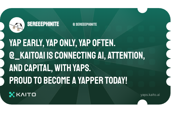 sereeephinite's tweet photo. Yap early, yap only, yap often.

@KaitoAI is connecting AI, attention and capital with Yaps.

Just claimed my social card and I'm accumulating Yap points in real-time.

Claim yours 👉 https://t.co/pL0OQEp9UW 

Let's start yapping about crypto, folks~ https://t.co/YSv369qnFc
