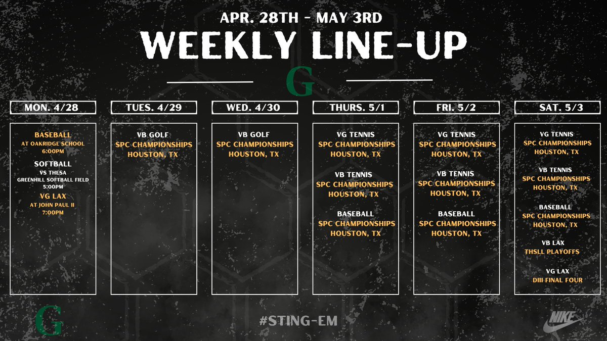 🚨Apr. 28th - May 3rd Athletic Events🚨

Mark your calendars!