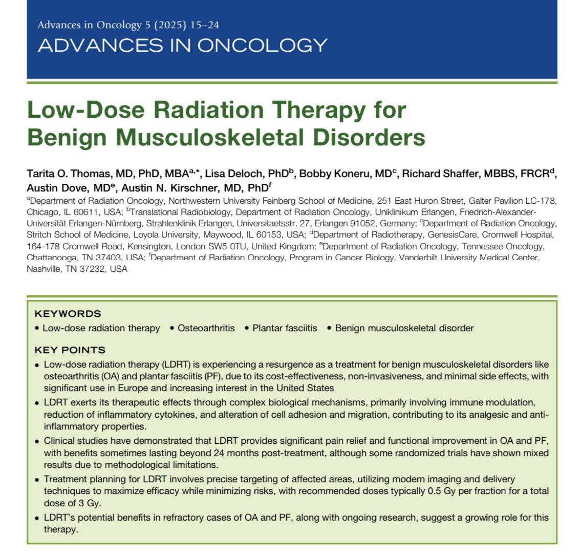 KoneruMd's tweet image. Our book chapter on LDRT for painful musculoskeletal conditions has now been published. You can find in the latest Advances in Oncology.