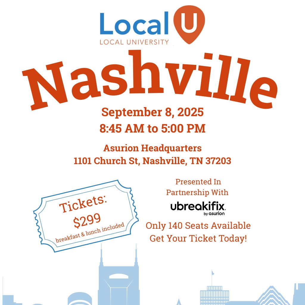📅 Save the Date: LocalU in Nashville! 🎉

We’re heading to Nashville, TN for a day packed with insights, networking, and game-changing SEO strategies! 🚀

🗓️ When: Monday, September 8th, 2025 | 8 AM - 5 PM
📍 Where: Asurion's Corporate Headquarters, 1101 Church St, Downtown