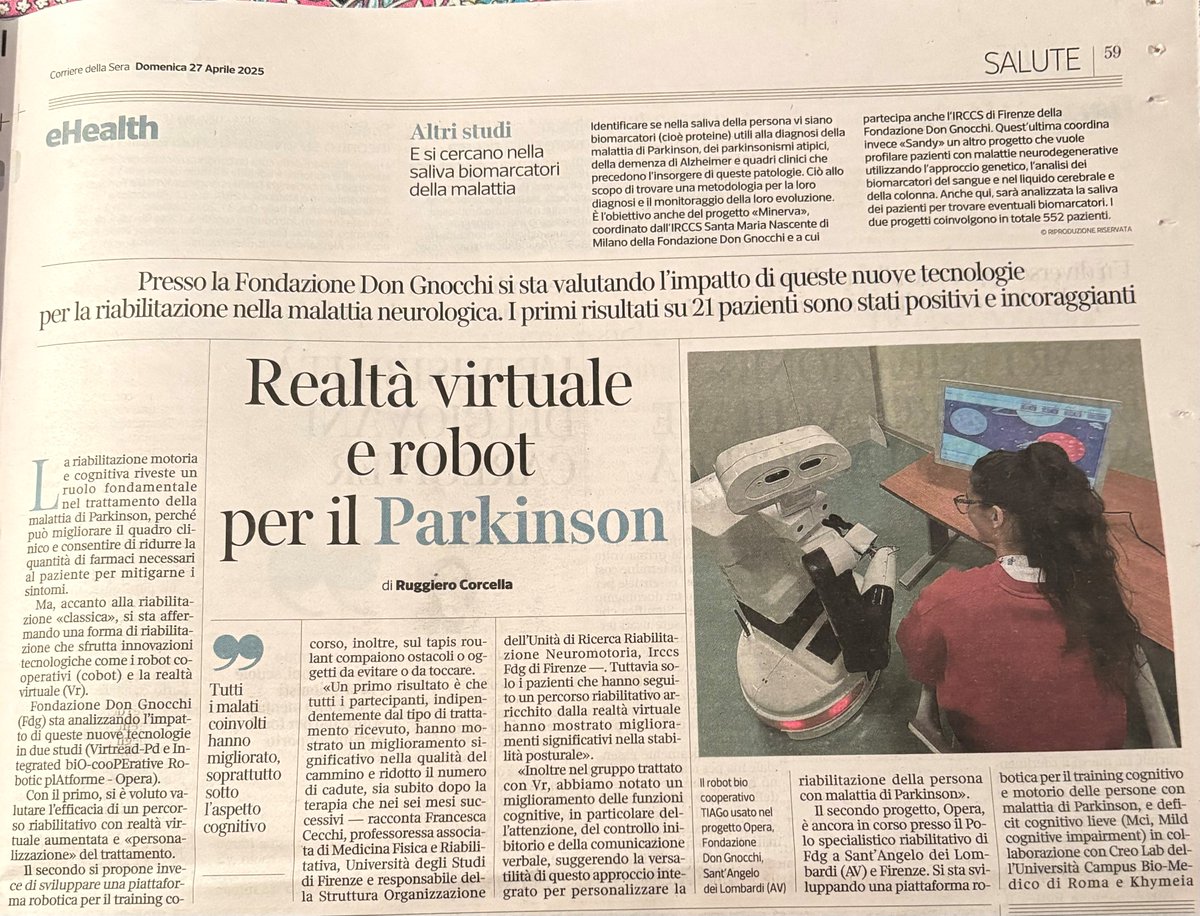 MariaGrazia Cangelli (@mgcangelli) on Twitter photo RealtĂ virtuale e robot per il #Parkinson.
Oggi, su <a href="/Corriere/">Corriere della Sera</a> #Salute/EHEALTH, Il giornalista <a href="/rucorce/">Ruggiero Corcella</a> evidenzia l'importanza e l'impatto che <a href="/don_gnocchi/">FondazioneDonGnocchi</a> sta valutando con le nuove #tecnologie per la #riabilitazione nella malattia neurologica. I primi risultati su 21 pazienti. RealtĂ virtuale e robot per il #Parkinson.
Oggi, su <a href="/Corriere/">Corriere della Sera</a> #Salute/EHEALTH, Il giornalista <a href="/rucorce/">Ruggiero Corcella</a> evidenzia l'importanza e l'impatto che <a href="/don_gnocchi/">FondazioneDonGnocchi</a> sta valutando con le nuove #tecnologie per la #riabilitazione nella malattia neurologica. I primi risultati su 21 pazienti.