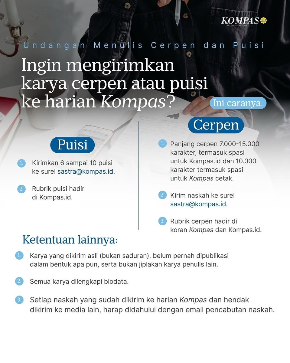 Undangan menulis cerpen dan puisi dari <a href="/hariankompas/">Harian Kompas</a>. Kirimkan karya terbaikmu. 👇