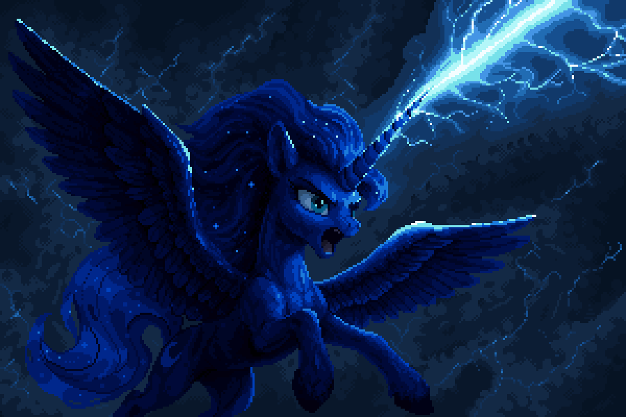 Vicious13337's tweet image. Luna from MLP firing an energy beam from her horn. digitalart, pixelart