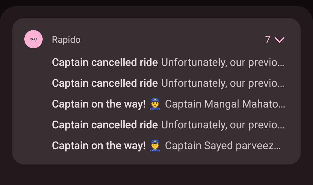 How does it feel when you see <a href="/rapidobikeapp/">Rapido</a> riders keep doing this after accepting the rides, make you wait and then cancel? It's been almost 55mins! Rapido displays only 5 notifications. Else two more cancellation notifications would be visible