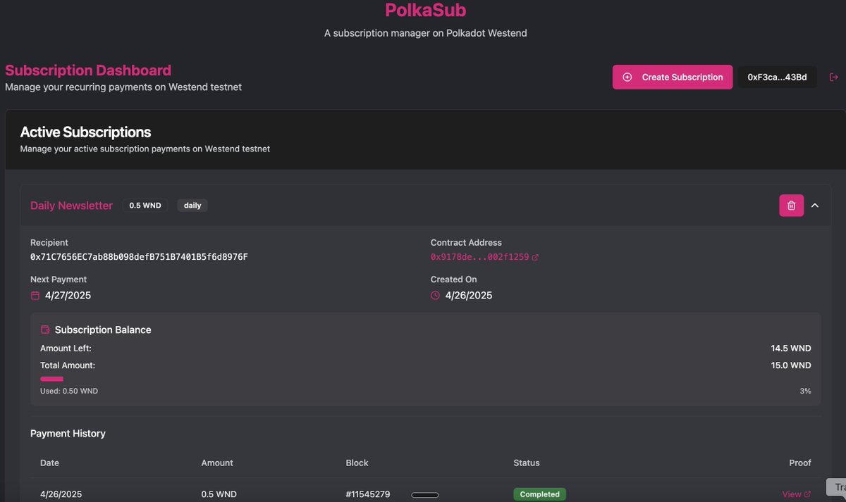 Eric l (@ericliujt) on Twitter photo Built PolkaSub, a subscription management service on Polkadot for convenient and transparent payment scheduling. 
@EasyA_App <a href="/Polkadot/">Polkadot</a> #360DaysOfPolkadot Built PolkaSub, a subscription management service on Polkadot for convenient and transparent payment scheduling. 
@EasyA_App <a href="/Polkadot/">Polkadot</a> #360DaysOfPolkadot