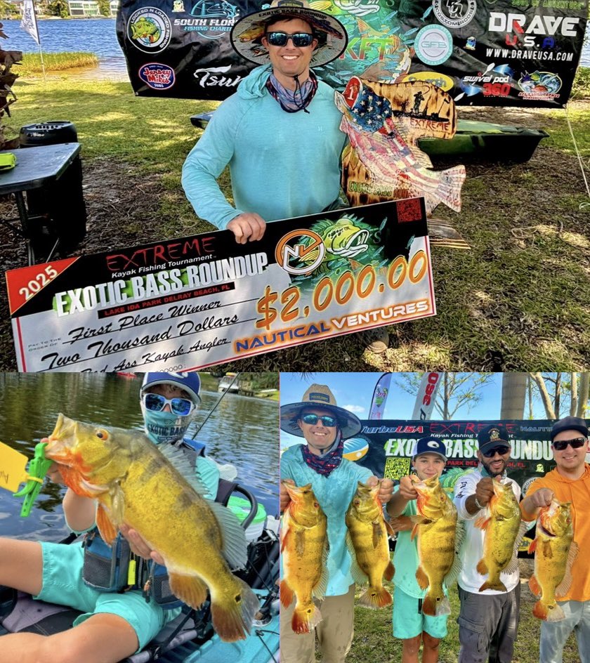 _EKFT's tweet image. Congrats to the 2025 Exotic Bass Roundup winners!
—
🥇 Domian Weber (9.52lbs) — $2,000 @nauticalventures+ #peacockbass Trophy
🥈 Brad Leitch (7.12lbs) — $1,000 NV+ Clown Knifefish Trophy @PowercoreR 
Full winnings on website 
—
#ExoticBassRoundup #FishingTournament #BassFishing