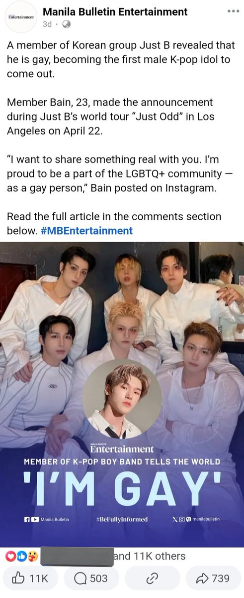 JustB_PH's tweet photo. Manila Bulletin, one of Philippines' leading newspaper, has also featured JUST B in their article, following Bain's coming out announcement.

Their Facebook post has garnered more than 12,000 engagements

📰: https://t.co/VYvpxNzu0K

#JUSTB #저스트비
@JUSTB_Official @JUSTB_twt https://t.co/FrKsbfT5NC
