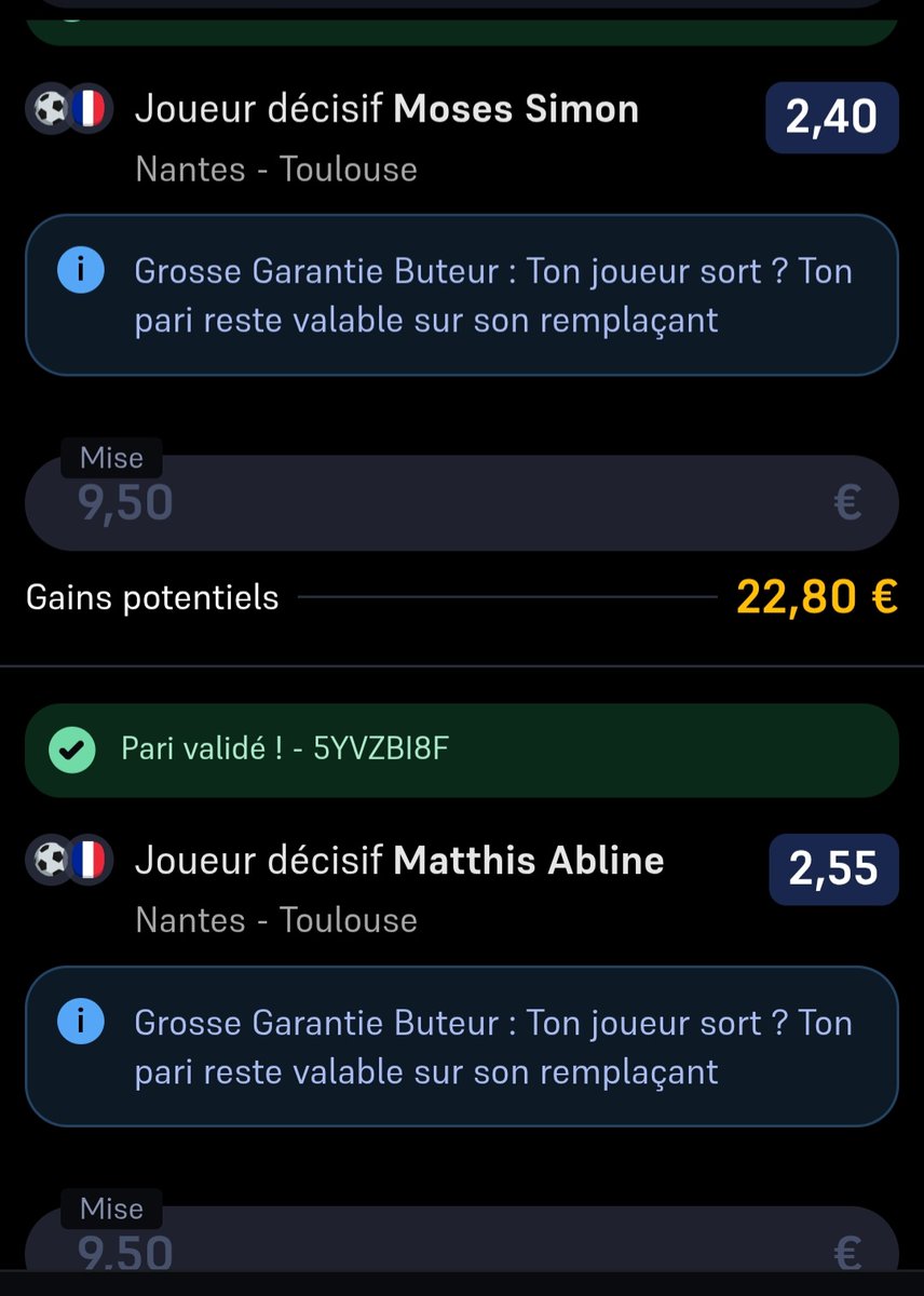 ValueBet3's tweet photo. Multiplex LIGU1 MCDO à 17h15, résumé de mes bets , j ai tenté des choses sur Nantes et Reims , garantie sub quasi partout ! 🙏⚽️🇨🇵 

➡️ 0,4% Simon décisif, 0,4% Abline décisif 

➡️ 0,35% Nakamura, 0,35% Siebatcheu, 0,3% DC passeur https://t.co/Jl0XL3fLAe