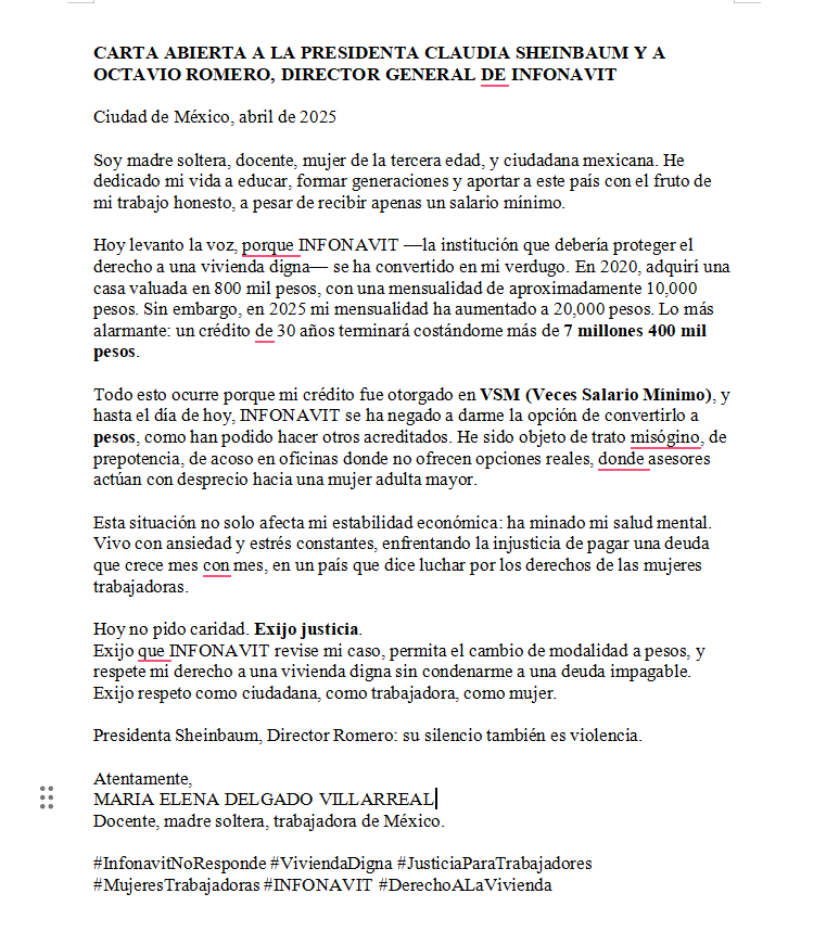 Elena Delgado City Environmental Consultant (@manena20051) on Twitter photo <a href="/OctavioRomero_O/">Octavio Romero</a> <a href="/Infonavit/">Infonavit</a> ¡Mi lucha por una vivienda digna!
madre soltera, docente, mujer de la tercera edad.
INFONAVIT me vendió una casa en 800 mil pesos. Hoy, en 2025, pago 20,000 mensuales.
Terminaría pagando 7.4 millones.
No me dejan cambiar crédito de VSM a pesos.
¡Exijo justicia
<a href="/Claudiashein/">Claudia Sheinbaum Pardo</a> <a href="/OctavioRomero_O/">Octavio Romero</a> <a href="/Infonavit/">Infonavit</a> ¡Mi lucha por una vivienda digna!
madre soltera, docente, mujer de la tercera edad.
INFONAVIT me vendió una casa en 800 mil pesos. Hoy, en 2025, pago 20,000 mensuales.
Terminaría pagando 7.4 millones.
No me dejan cambiar crédito de VSM a pesos.
¡Exijo justicia
<a href="/Claudiashein/">Claudia Sheinbaum Pardo</a>