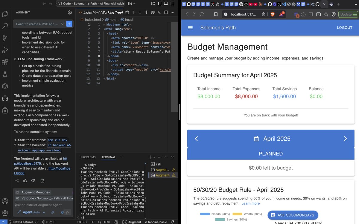 Isaiah Lafleur (@isaiahslafleur) on Twitter photo Last week, I completed the initial budget creation functionality for my app Solomon's Path.
This week, I'm setting up the modular architecture that will support AI components. Had many issues with the navigation logic, but the <a href="/augmentcode/">Augment Code</a> fixed it after I tried a better prompt. Last week, I completed the initial budget creation functionality for my app Solomon's Path.
This week, I'm setting up the modular architecture that will support AI components. Had many issues with the navigation logic, but the <a href="/augmentcode/">Augment Code</a> fixed it after I tried a better prompt.