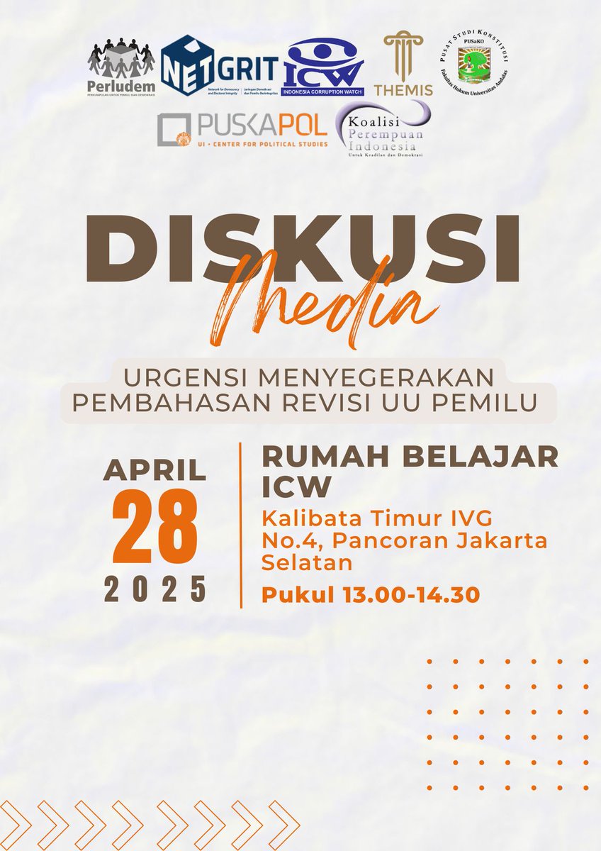 netgrit's tweet photo. Diskusi Media: Urgensi Menyegerakan Pembahasan Revisi UU Pemilu*
📅 Senin, 28 April 2025
🕛 13.00–14.30 WIB
📍Rumah Belajar ICW
https://t.co/VZZKgjMBYU
@HadarNG @JagaSuara2024
#netgrit https://t.co/6APiV4gC0S