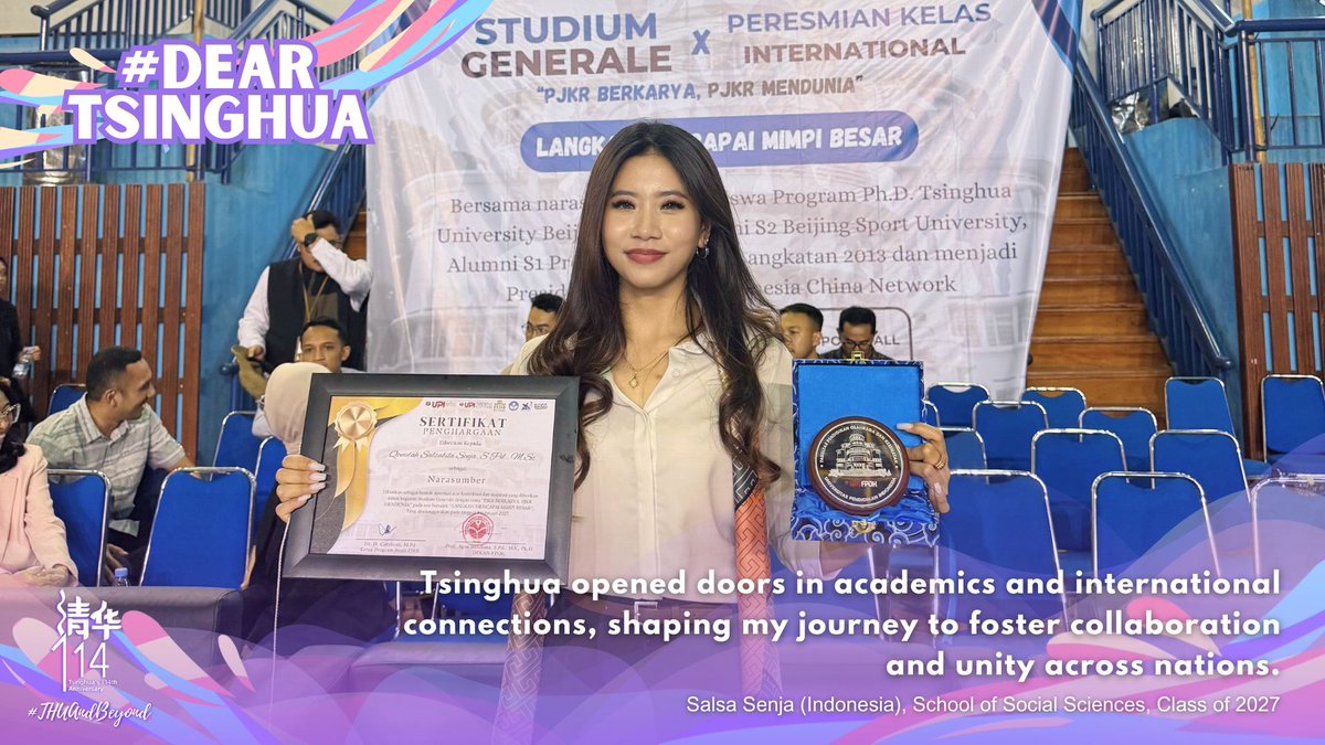 Tsinghua University (@tsinghua_uni) on Twitter photo #DearTsinghua taught me that leadership is creating shared spaces for growth and connection," says <a href="/linnotlim/">林莎莎 Salsa Senja</a>. As President of Sino Scholar of Indonesia-China Network, she united Indonesian postgraduate students for research and promoted sports diplomacy, embodying #THUandBeyond. #DearTsinghua taught me that leadership is creating shared spaces for growth and connection," says <a href="/linnotlim/">林莎莎 Salsa Senja</a>. As President of Sino Scholar of Indonesia-China Network, she united Indonesian postgraduate students for research and promoted sports diplomacy, embodying #THUandBeyond.