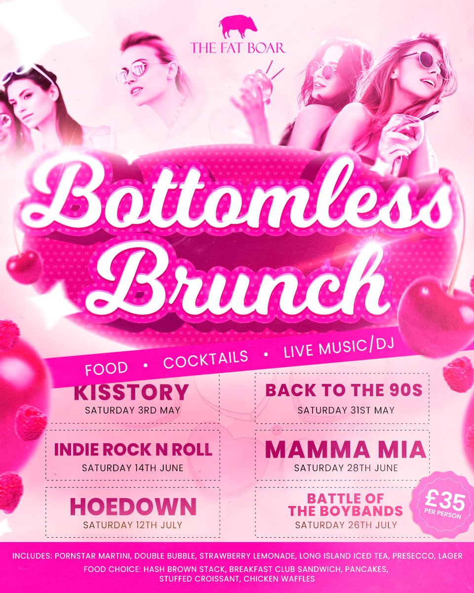 BOTTOMLESS BRUNCH COMES TO MOLD...🪩🍾

Tag your besties who NEED this! 🫶

🥰 KISSTORY
😍 BACK TO THE 90S
😘 INDIE ROCK 'N' ROLL
😜 MAMMA MIA
🤪 HOEDOWN
🤩 BATTLE OF THE BOYBANDS

⏰ 12 - 2pm
✅ FOOD, COCKTAILS, LIVE MUSIC/DJ

£35 PER PERSON

BOOK NOW 😘