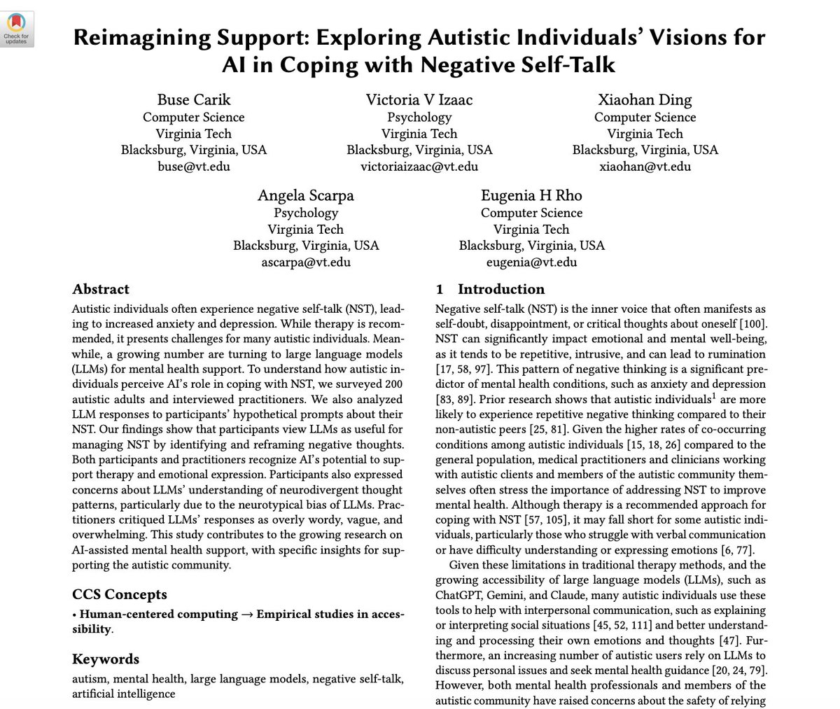 🚀 New #CHI2025 study: we surveyed 200 autistic adults &amp; interviewed therapists to explore how AI can support negative self-talk (NST). We also fed participants' NST prompts into ChatGPT &amp; Claude to see where #LLMs falls short.  (1/6) #HCI #HumanCenteredAI <a href="/buse_carik/">Buse Çarık</a>