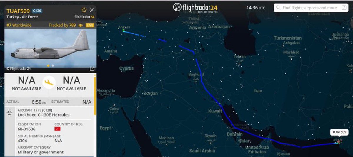 BREAKING:

A Turkish Air Force C-130 Hercules transport plane just flew from Ankara to Karachi.

Looks like Pakistan could be getting help from Turkey.

🇮🇳🇵🇰🇹🇷