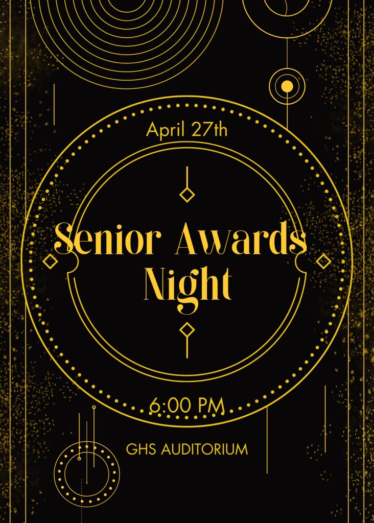 Senior Awards Night is tonight, Sunday, April 27th at 6pm in the HS Auditorium. Students being recognized for awards and/or scholarships will have been invited by email by counselors.