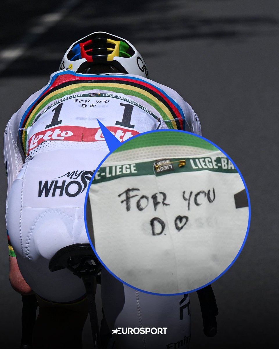 josefajram's tweet photo. la confianza que has de tener en tus posibilidades para salir a competir con este mensaje:

Tadej Pogačar llevaba en el dorsal un homenaje para la madre de su novia, Urška Žigart, fallecida poco antes de la Lieja-Bastoña-Lieja de hace tres años. Decidió no correr esa edición, y luego le dedicó las victorias de 2024 y 2025.