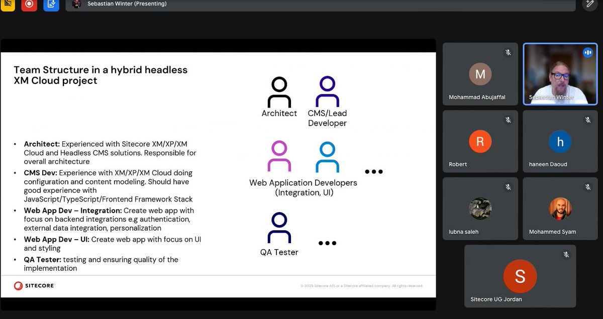 Team structure in a hybrid headless XM Cloud Project!! more about #Sitecore XM Cloud development by <a href="/lovesitecore/">Sebastian Winter</a> at <a href="/_SUGJO/">Sitecore User Group Jordan</a>
