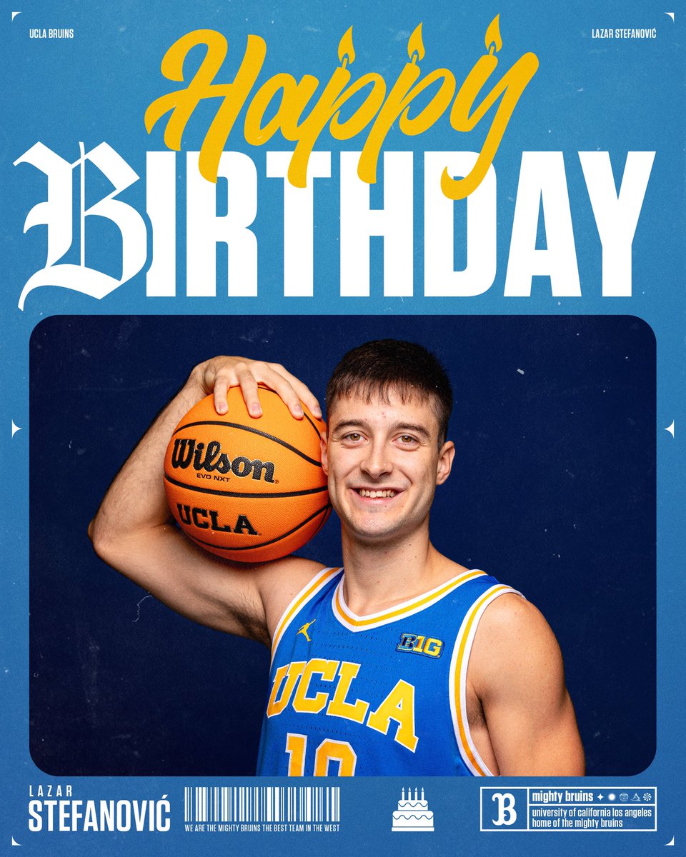 Wishing a 𝐇𝐚𝐩𝐩𝐲 𝐁𝐢𝐫𝐭𝐡𝐝𝐚𝐲 to Bruins’ senior 𝐋𝐚𝐳𝐚𝐫 𝐒𝐭𝐞𝐟𝐚𝐧𝐨𝐯𝐢𝐜‼️
 
#GoBruins | <a href="/_Lazar_Stef/">Lazar Stefanovic</a> 🥳🏀🎂