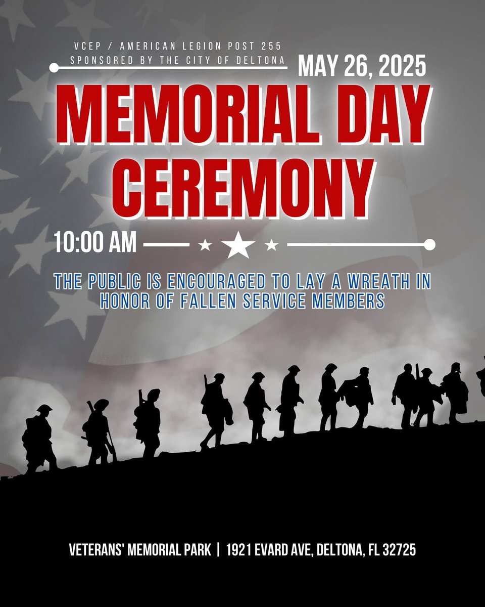 Mayor Santiago Avila, Jr. ππΊπΈ (@avilafordeltona) on Twitter photo Memorial Day Ceremony β Honoring Our Fallen
The <a href="/CityofDeltonaFL/">City of Deltona, FL</a> invites the public to join us for a Memorial Day Ceremony on Monday, May 26 at 10 AM at Veterans Memorial Park (1921 Evard Ave).
We welcome you to take part in a service honoring the brave men and women who gave Memorial Day Ceremony β Honoring Our Fallen
The <a href="/CityofDeltonaFL/">City of Deltona, FL</a> invites the public to join us for a Memorial Day Ceremony on Monday, May 26 at 10 AM at Veterans Memorial Park (1921 Evard Ave).
We welcome you to take part in a service honoring the brave men and women who gave