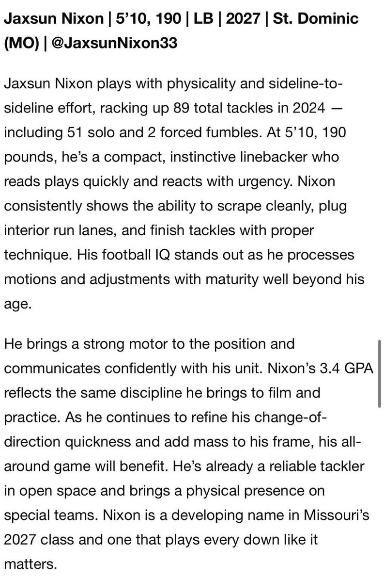 Jaxsun Nixon (@jaxsunnixon33) on Twitter photo Thank you <a href="/sixstarfootball/">Six Star Football | PLUS+</a> for the write up. <a href="/JPRockMO/">JP Rock</a> <a href="/SDAll_In/">St. Dominic Football</a> <a href="/PrepRedzoneMO/">Prep Redzone Missouri</a> Thank you <a href="/sixstarfootball/">Six Star Football | PLUS+</a> for the write up. <a href="/JPRockMO/">JP Rock</a> <a href="/SDAll_In/">St. Dominic Football</a> <a href="/PrepRedzoneMO/">Prep Redzone Missouri</a>