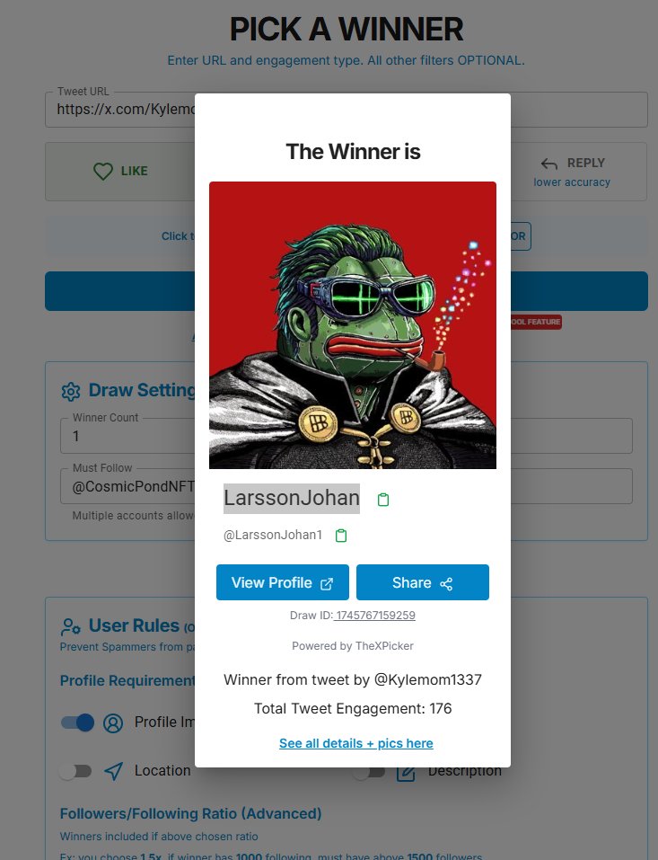 Kyle (@kylemom1337) on Twitter photo Winner winner chicken dinner 🏆🏆🏆
Congratulations to <a href="/LarssonJohan1/">LarssonJohan</a> You'll be recieving 69 Pepecoin 4200 Based and 12 NFT's on BasedAI!
I will send you a DM now 🐸 Winner winner chicken dinner 🏆🏆🏆
Congratulations to <a href="/LarssonJohan1/">LarssonJohan</a> You'll be recieving 69 Pepecoin 4200 Based and 12 NFT's on BasedAI!
I will send you a DM now 🐸