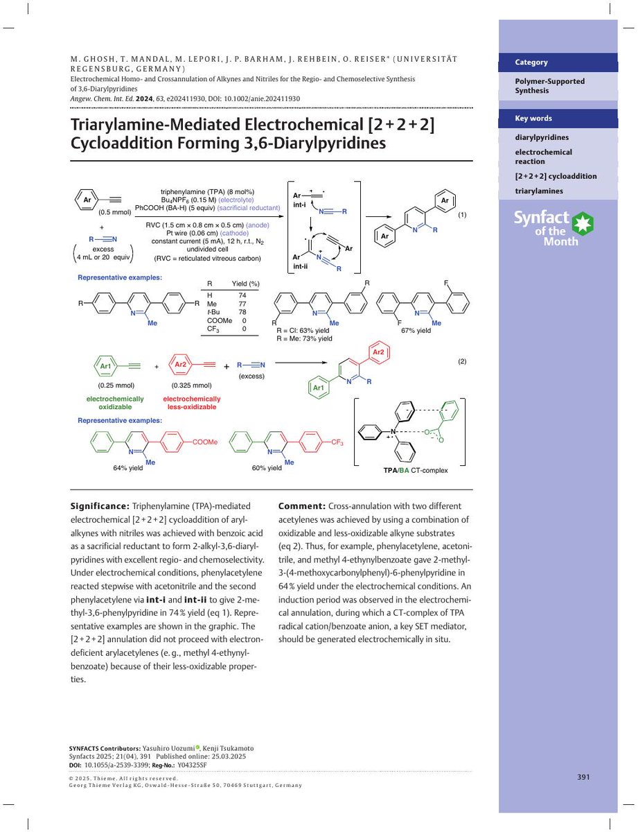 Mangish Ghosh 🇮🇳🇮🇳 (@i_am_mangish) on Twitter photo 🎇Happy to share that our work on electrochemical 2+2+2 cycloaddition forming substituted pyridines🔋♻️has been highlighted in #synfacts_of_the_month by <a href="/thiemechemistry/">Chemistry at Thieme</a> ☺️☺️. Thanks to the contributors 👍. Get full access of the paper <a href="/angew_chem/">Angewandte Chemie</a> 👉 doi.org/10.1002/anie.2…. 🎇Happy to share that our work on electrochemical 2+2+2 cycloaddition forming substituted pyridines🔋♻️has been highlighted in #synfacts_of_the_month by <a href="/thiemechemistry/">Chemistry at Thieme</a> ☺️☺️. Thanks to the contributors 👍. Get full access of the paper <a href="/angew_chem/">Angewandte Chemie</a> 👉 doi.org/10.1002/anie.2….