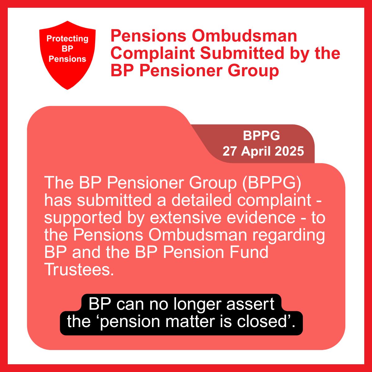 An important development in the BP UK Pension Dispute.

For details of the dispute see bppensionergroup.org.