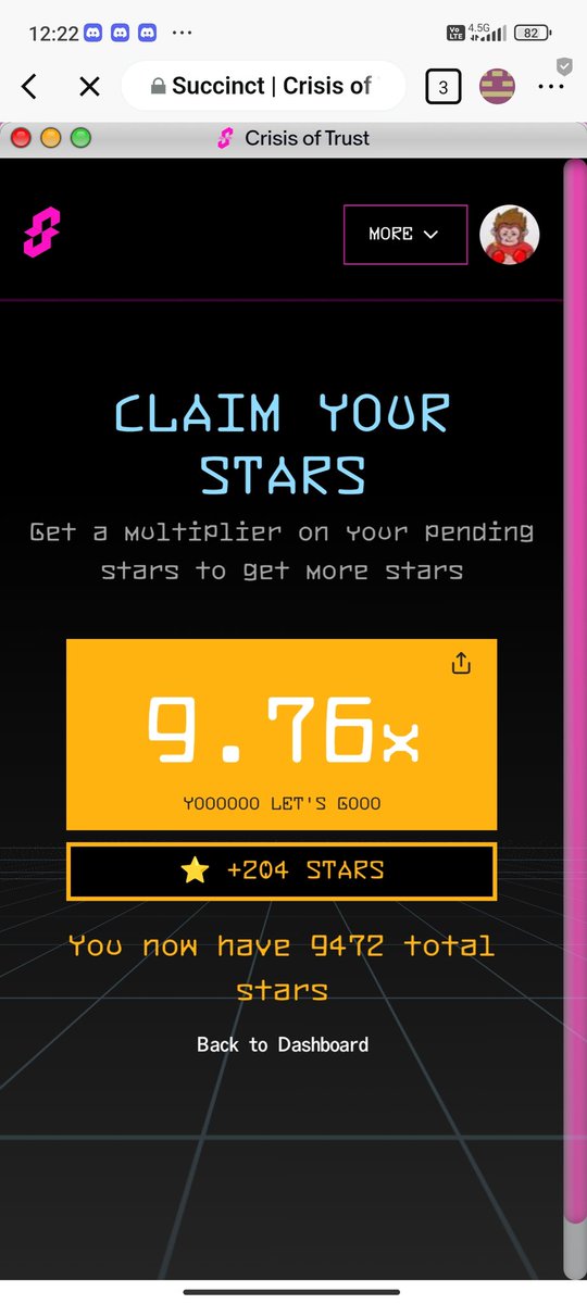 I heard that if the updates about <a href="/SuccinctLabs/">Succinct</a> are ready, the 2nd phase will  ( <a href="/0xCRASHOUT/">crashout</a>, is this rumor true? Are we moving on to phase 2 now?) start this week. That's why I spent all my saved credits.  After using my last credits, I reached a total of 9472 Stars. What are