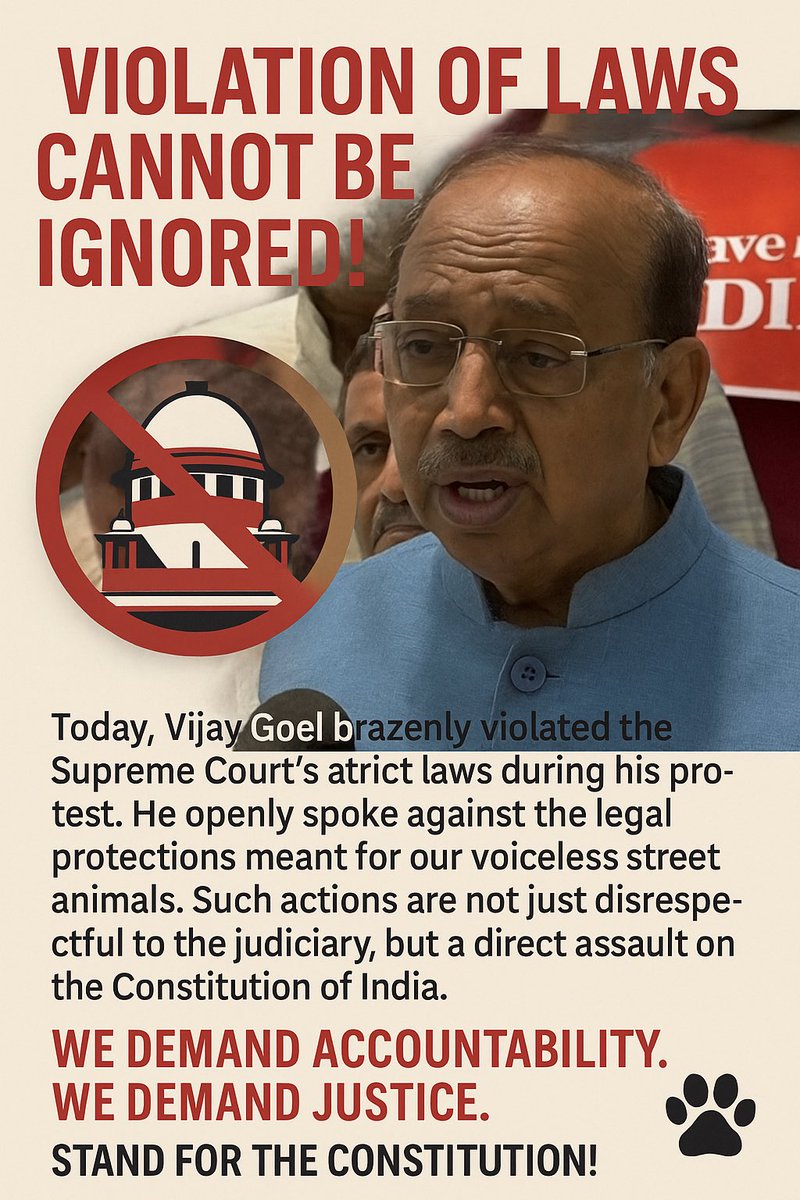 Enakshi (@kohlienakshi1) on Twitter photo <a href="/CMODelhi/">CMO Delhi</a> <a href="/PMOIndia/">PMO India</a> <a href="/gupta_rekha/">Rekha Gupta</a> <a href="/narendramodi/">Narendra Modi</a> <a href="/VijayGoelBJP/">Vijay Goel</a>
Vijay Goel has openly attacked the Supreme Court and disrespected India’s Constitution today!
His words against street animal protections are a crime, not a protest.
We will not stay silent.
Accountability is a MUST. <a href="/CMODelhi/">CMO Delhi</a> <a href="/PMOIndia/">PMO India</a> <a href="/gupta_rekha/">Rekha Gupta</a> <a href="/narendramodi/">Narendra Modi</a> <a href="/VijayGoelBJP/">Vijay Goel</a>
Vijay Goel has openly attacked the Supreme Court and disrespected India’s Constitution today!
His words against street animal protections are a crime, not a protest.
We will not stay silent.
Accountability is a MUST.