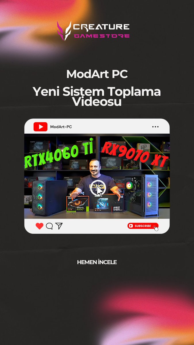 🚀 Yepyeni sistem toplama videomuz yayında!
RTX 4060Ti ve RX9010 XT kapışmasında hangi tarafı seçiyorsun? 🔥
ModArt-PC kanalında bizimle kurulan güçlü sistemleri izlemek için hemen tıkla:
👉 youtu.be/cQFwtHJK3hI

#CreatureGameStore #SistemToplama #GamingPC #RTX4060Ti #RX9010XT
