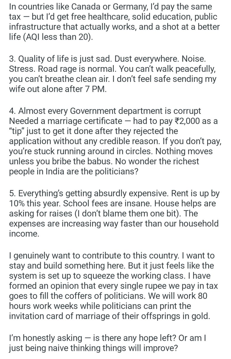This post is going viral on Reddit. 60 LPA Household in Bangalore is sick and tired of Heat, Dust, Noise, Potholes, Corruption, Low Social Trust, Smoke, Inflation in India.