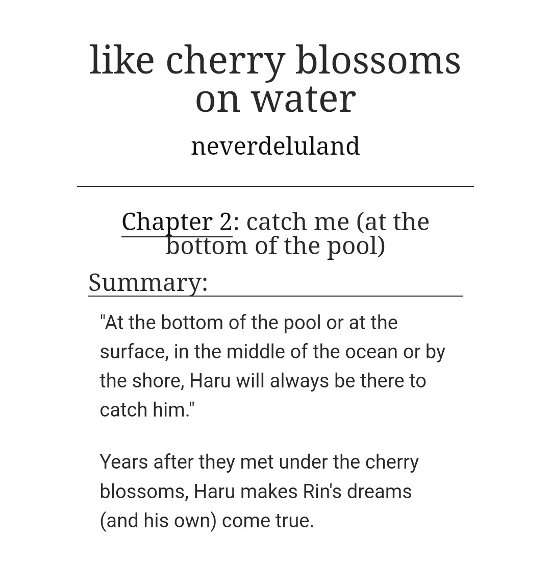 neverdeluland's tweet photo. catch me (at the bottom of the pool)

for #sakurathon 2025

chapter 2 of "like cherry blossoms on water"

🌸 rinharu
💙 2.6k
🌸 soulmate au
💙 opposites attract
🌸 fluff, romance
💙 marriage proposal
🌸 happy ending

#rinharu #harurin #遙凛 #凛遙 #はるりん #七瀬遙 #松岡凛

🔗⬇️ https://t.co/1SXJuKD4PK