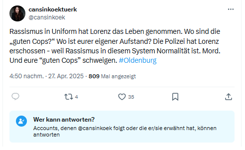 Frau Köktürk MDB vorverurteilt einen Polizisten und bezichtigt ihn des Rassismus und des angeblichen Mordes an #Lorenz
Wer in Deutschland urteilt über Mord und Totschlag – <a href="/dieLinke/">Die Linke</a> oder ein Gericht?

#Oldenburg #Migrantengewalt #Vorverurteilung #Rufmord