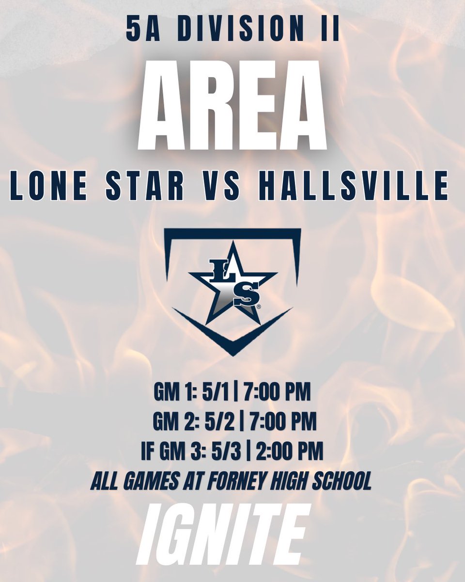 Lone Star Softball (@lshssball) on Twitter photo ๐๐ซ๐๐ ๐๐จ๐ฎ๐ง๐ ๐๐ง๐๐จ
Lone Star vs Hallsville (best of 3 series)
5/1 Thursday 7:00pm
5/2 Friday 7:00pm 
5/3 Saturday 2:00pm
All games at Forney HS 
#IGNITE | #SDLUP ๐๐ซ๐๐ ๐๐จ๐ฎ๐ง๐ ๐๐ง๐๐จ
Lone Star vs Hallsville (best of 3 series)
5/1 Thursday 7:00pm
5/2 Friday 7:00pm 
5/3 Saturday 2:00pm
All games at Forney HS 
#IGNITE | #SDLUP