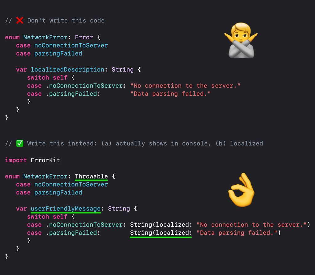 Jeehut's tweet image. In #Swift, it's easy to get error messages wrong. It's due to a design flaw in the "Error" protocol introduced for #ObjC compatibility. I've seen people write below code all the time. I fixed it in #ErrorKit: Conform your errors to "Throwable" instead! 💯
fline.dev/swift-error-ha…
