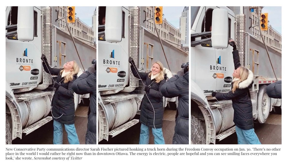 RGBAtlantica's tweet photo. Feb. 2022, CPC communications director Sarah Fischer honking a truck horn that disturbed commerce and local residences in the loss of enjoyment and revenue for 21 days. The convoy cons supported by @PierrePoilievre. https://t.co/HW2RCVaU2g