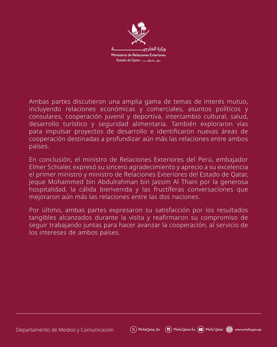 Declaración Conjunta entre el Estado de Qatar y la República del Perú

#MOFAQatar