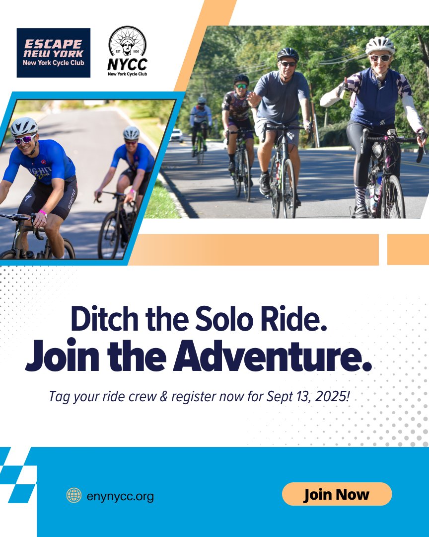 Why ride solo when you can Escape New York with thousands of fellow cyclists? 🚴‍♀️ Join us Sept 13, 2025, for one of the most scenic and supported rides around! 
Use the code ENYSOCIAL at registration to save $30 &amp; a FREE 1-year NYCC membership. Please Share bit.ly/4hYCTl4